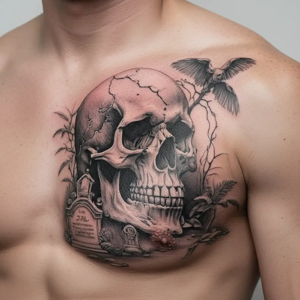 skull in graveyard scene tattoo design idea