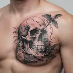 skull in graveyard scene tattoo design idea