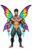 sexy adult gay male faery cartoon bodybuilder, playful, magical, nudism, erotica tattoo design idea
