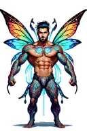 sexy adult gay male faery cartoon bodybuilder, playful, magical, nudism, erotica tattoo design idea