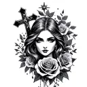 Roses, cross, stars, Lady face tattoo design idea