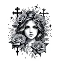 Roses, cross, stars, Lady face tattoo design idea