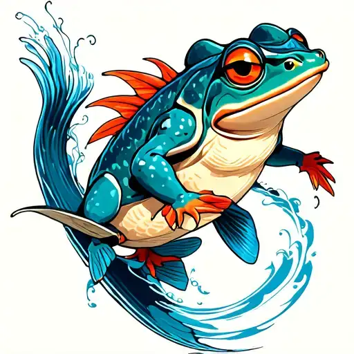 Frog ninja surfing with a coy fish swimming gracefully tattoo design idea