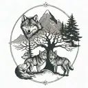 I want a simple tattoo. Under the tree of life, three wolves sit one inside the other, from largest to medium to smallest. tattoo design idea