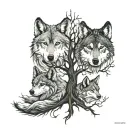 I want a simple tattoo. Under the tree of life, three wolves sit one inside the other, from largest to medium to smallest. tattoo design idea