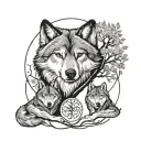 I want a simple tattoo. Under the tree of life, three wolves sit one inside the other, from largest to medium to smallest. tattoo design idea
