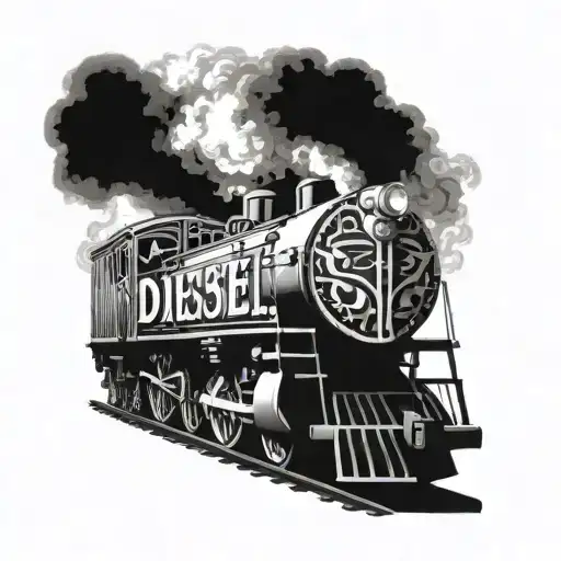 A black and white ambigram of the word "Diesel" in the shape of a old fashioned train in black and white tattoo design idea