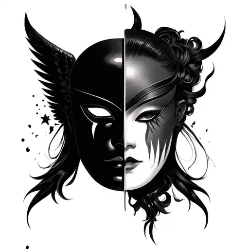 japanese mask split in half angel half tattoo design idea