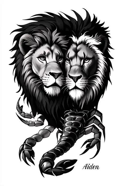 lion and scorpion with names Miles and Aiden tattoo design idea