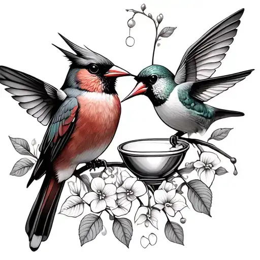 infinity cardinal & hummingbird sipping nectar tattoo design idea