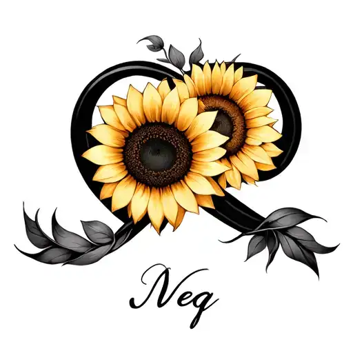 Infinity sign signifying ever lasting love with sunflowers and name Neq tattoo design idea