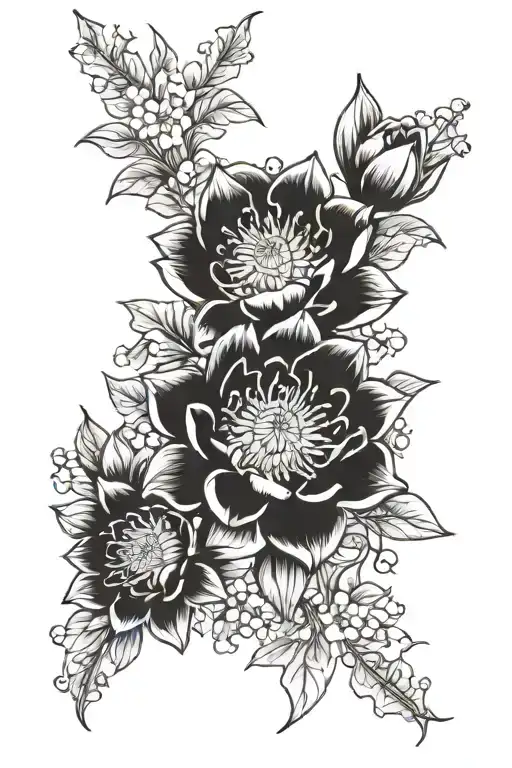 waterlily, karkspur, poppy, gladiolus, aster, morning glory, chrysanthemum, peony, holly, narcisuss bouquet tattoo design idea