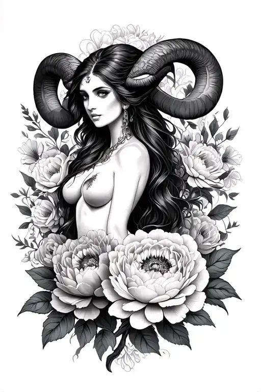 Aries sexy goddess surrounded by peony flowers tattoo design idea