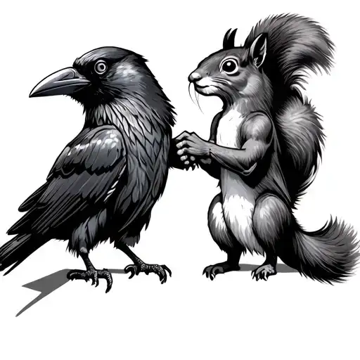 a Raven and a squirrel fist bumping.  tattoo design idea