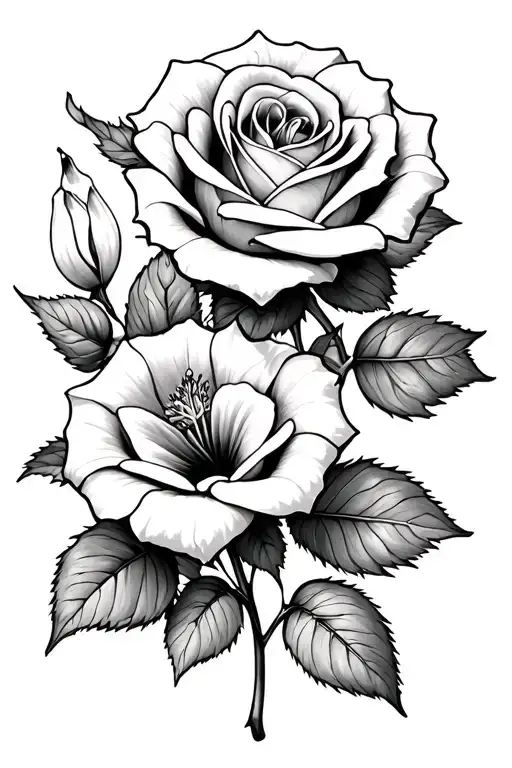 1 rose, 1 morning glory, 1 snow drop flower intertwined, add snowdrop  tattoo design idea