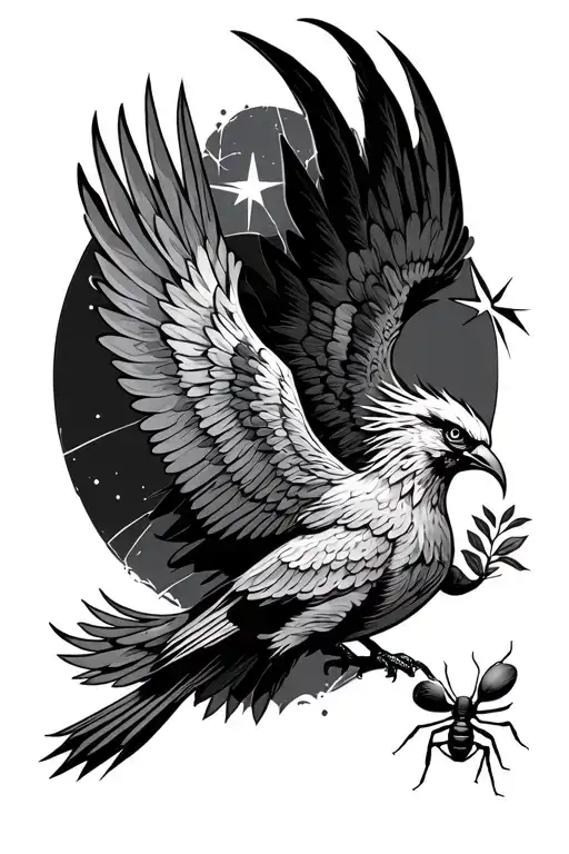 a phoenix flying under a philant star brings a leaf of lorium in its beak to an ant alone pushed aside tattoo design idea
