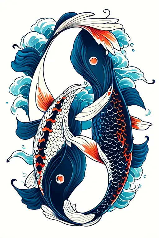 "Two koi fishes ying yang" koi fish with waves tattoo design idea