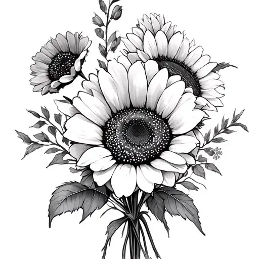 Bouquet from sunflower, poppy seeds and malven tattoo design idea