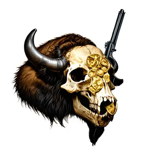bison skull, money, guns, gold, may I stand strong. half sleeve tattoo  tattoo design idea
