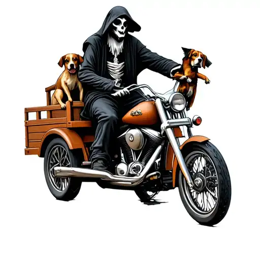 Grim Reaper riding a motorcycle with a side cart with Australian shepherd in it with a voodoo doll on the shoulder  tattoo design idea