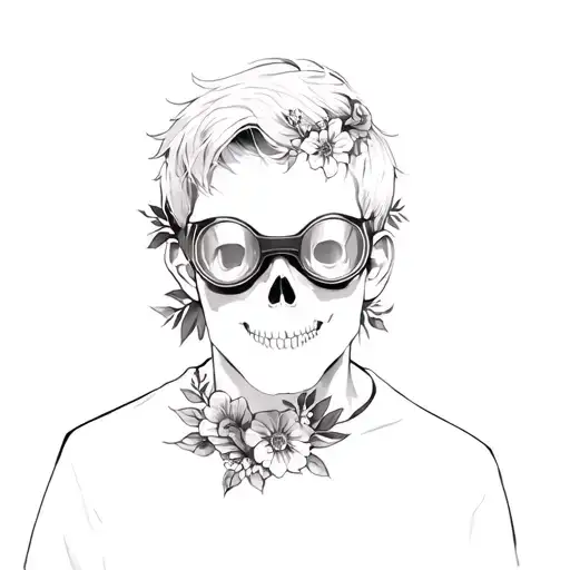 a young man wearing goggles with skulls and flowers  tattoo design idea