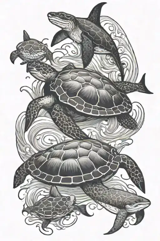 sting ray, sea turtle, shark swimming tattoo design idea