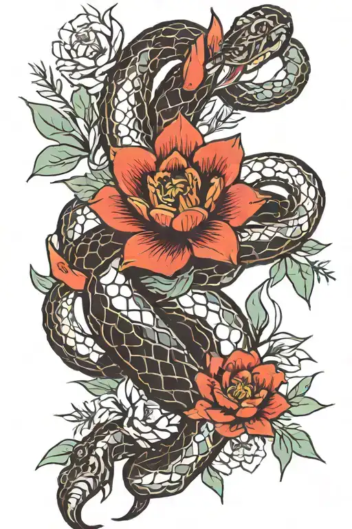 snake wrapped around cacti flower blooming tattoo design idea