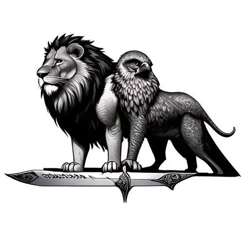 Asad and Salman ar my sons , Asad signifies lion  Salman i guess falcon or elephnat not sure, zulficar sword at bottom  tattoo design idea