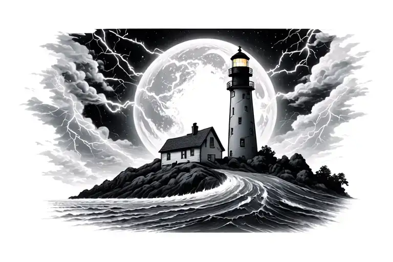 lighthouse, black hole, planet, lightning, storm tattoo design idea