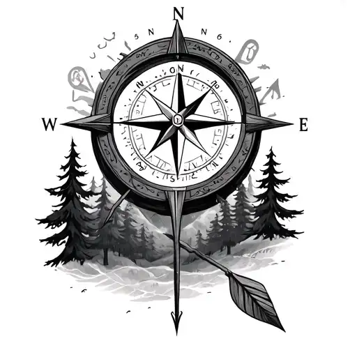 compass with 906 and Icelandic rune compass and trees for arrows tattoo design idea
