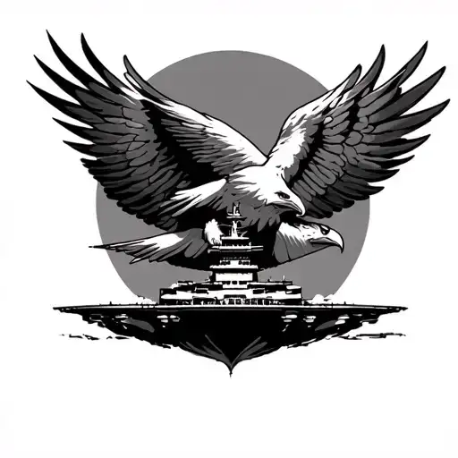 eagle spreading wings facing forward with a aircraft carrier under it tattoo design idea