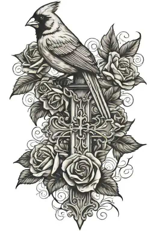 cardinal perched on cross with roses tattoo design idea
