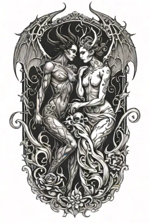Succubus and incubus making love. Flames. tattoo design idea