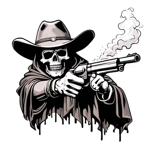 skull wearing a poncho and cowboy hat, pointing a revolver that's been shot with smoke coming out of the barrel. I want  tattoo design idea