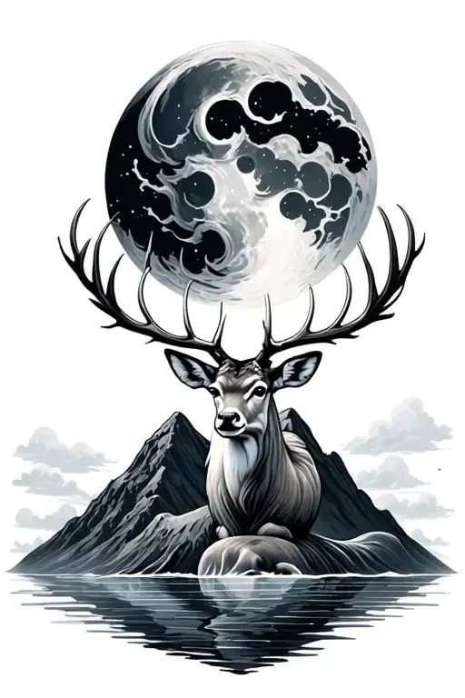 a deer, a moon, a mountain of water on a cloud that tattoo design idea