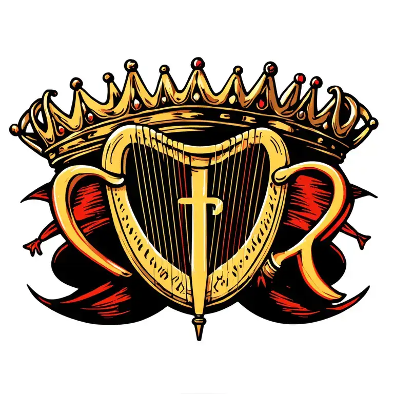 harp with crown hanging with h and r tattoo design idea