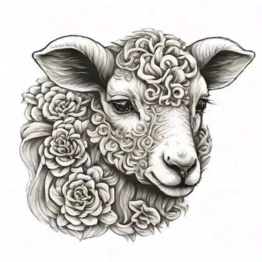 cute symmetrical lamb face made with fine line clouds tattoo design idea