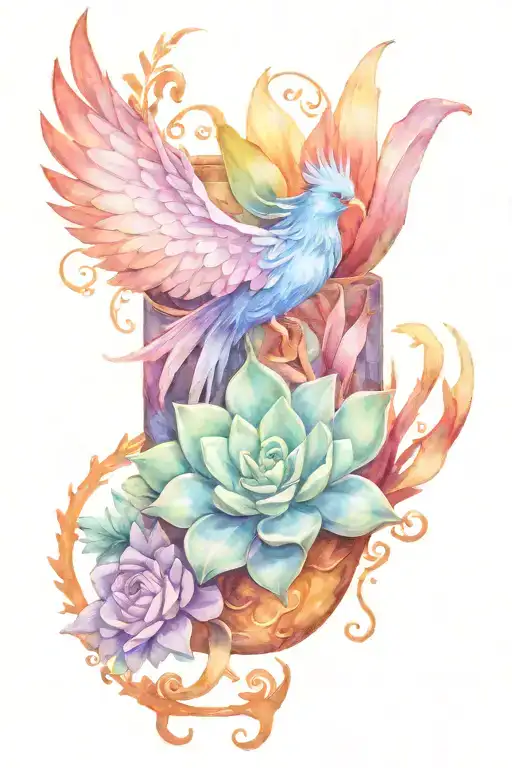succulent planter with a d20 inside and a blue and purple phoenix is swirling around the out tattoo design idea