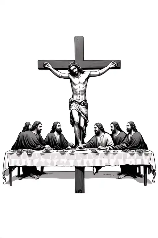 jesus on cross with the last supper behind  tattoo design idea