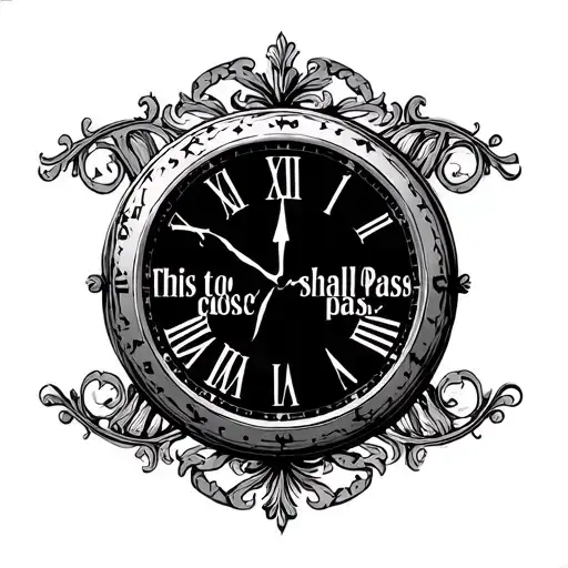 "This too shall pass…" clock face with filigree and white tattoo design idea