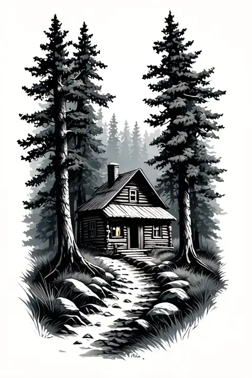 a trail winding through a forest scene with a hidden realistic cabin tattoo design idea