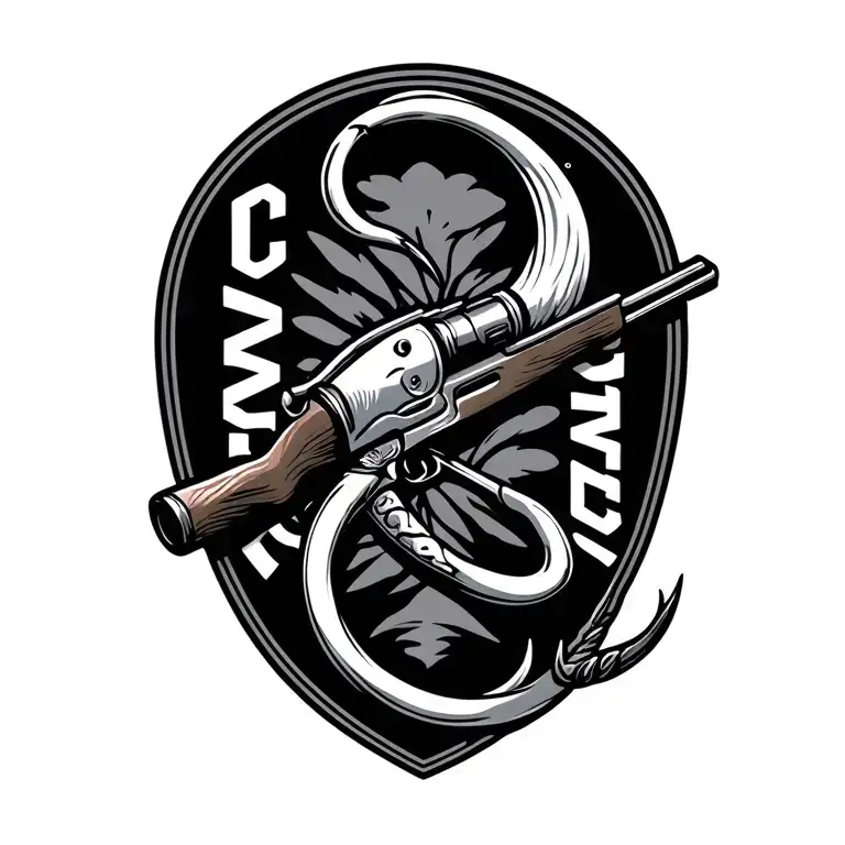 fishing hook, cummins logo, hunting rifle intertwined tattoo design idea