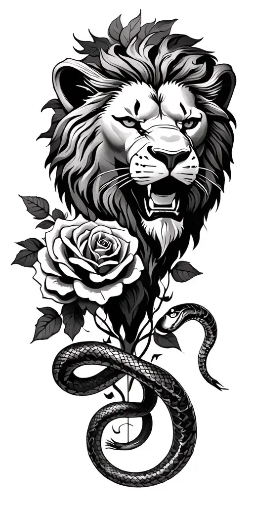 an aggressive lion head with roman numerals above, roses going down below, and a snake wrapping around it all tattoo design idea