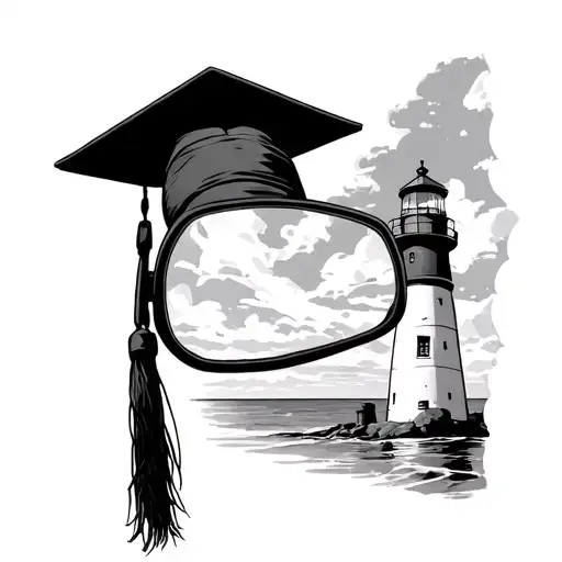 lighthouse in rear view mirror grad cap tasel hanging tattoo design idea