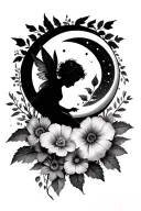 waxing gibbous moon with a cherub baby fairy silhouette and aster and morning glory flowers tattoo design idea