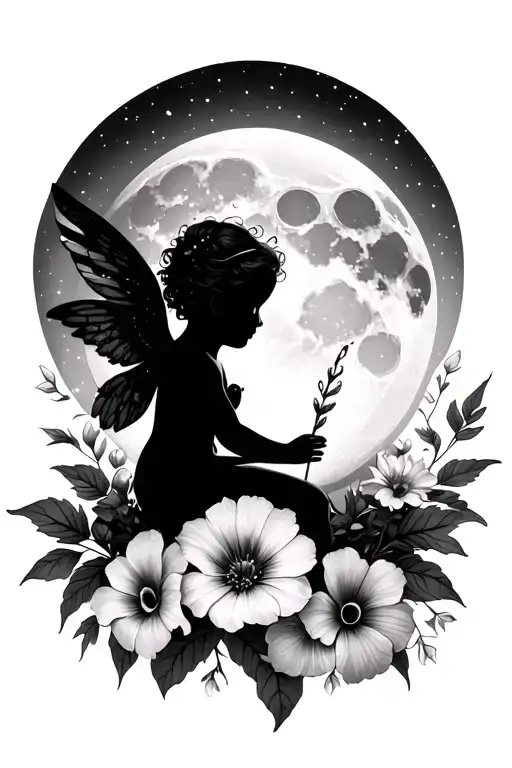 waxing gibbous moon with a cherub baby fairy silhouette and aster and morning glory flowers tattoo design idea