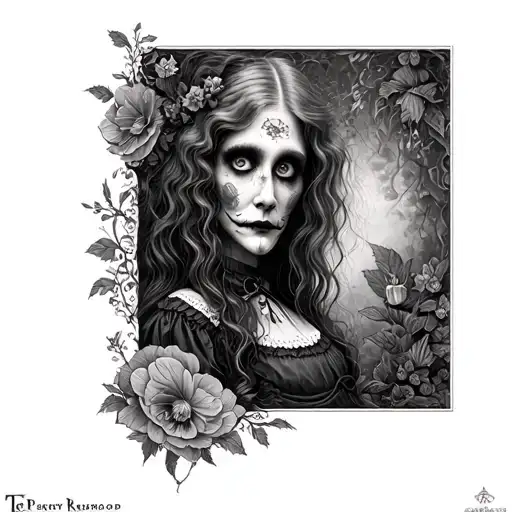 Tim Burton inspired sleeve with reference to live action Alice in wonderland tattoo design idea