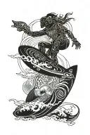 Giant wave surfer riding wave with life and death angel tattoo design idea