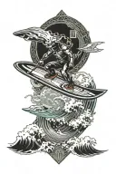 Giant wave surfer riding wave with life and death angel tattoo design idea