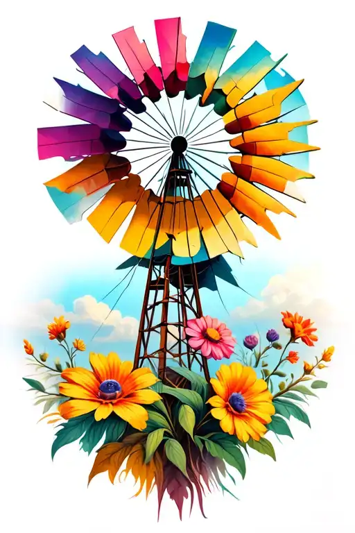 windmill desert flowers tattoo design idea